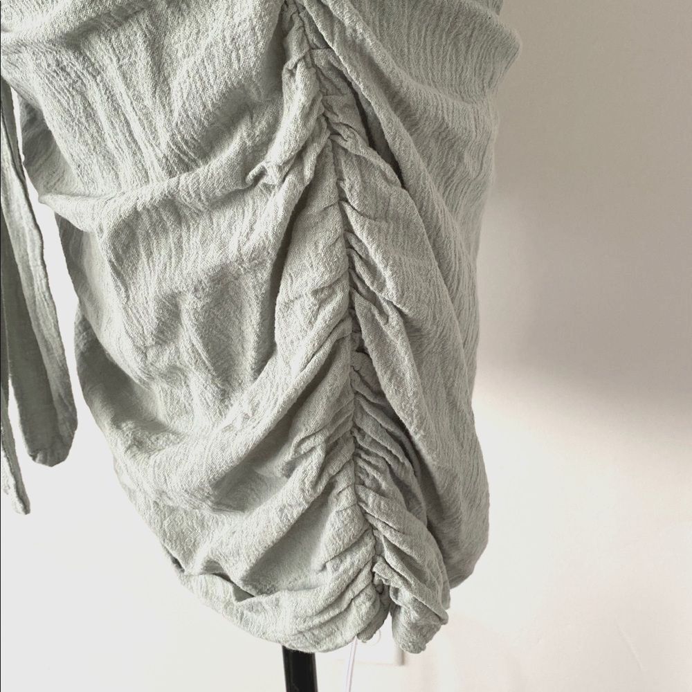 Free People Sage Green Open Back Long Sleeve Mini Dress Tie Belt Buttons closer - Picture 12 of 16